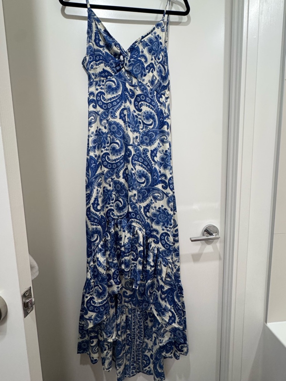 High-Low  Blue Paisley High-Low Maxi Dress - sateen tie back for perfect fit!